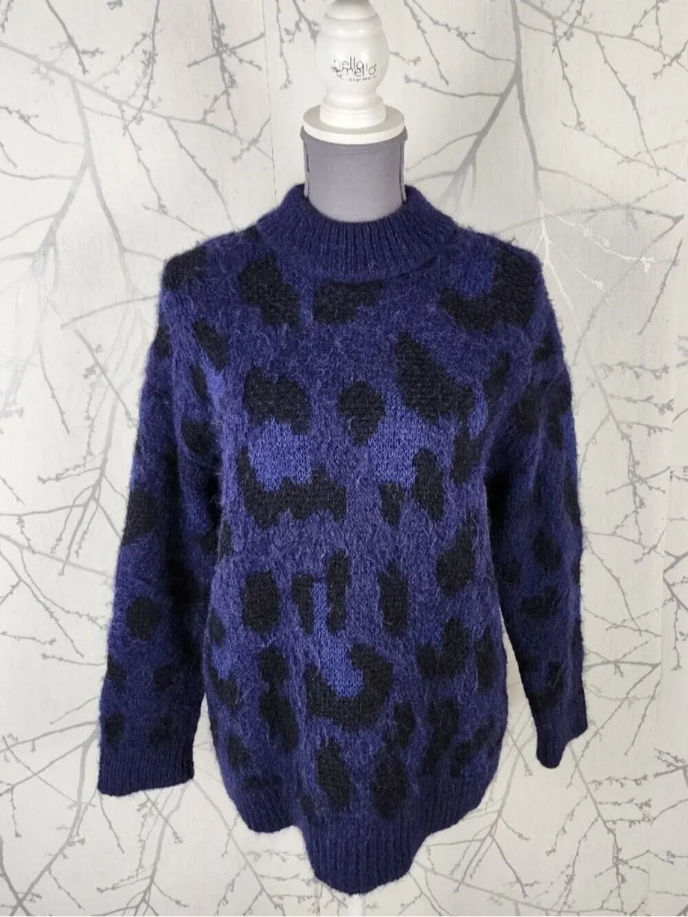 Kate Spade Navy Leopard Alpaca Wool Textured Crewneck Sweater